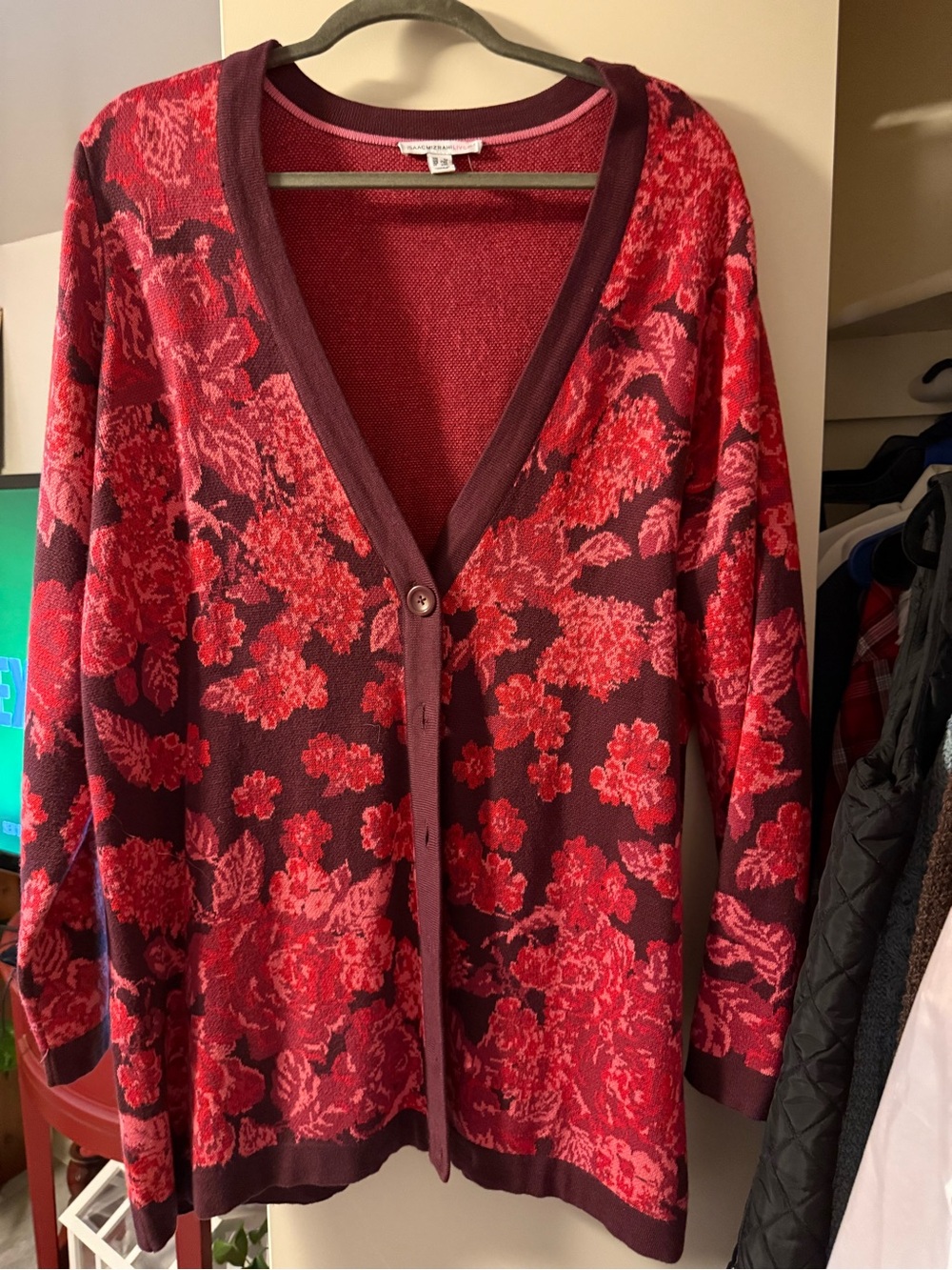 Isaac Mizrahi Red and Burgundy Floral V-Neck Cardigan